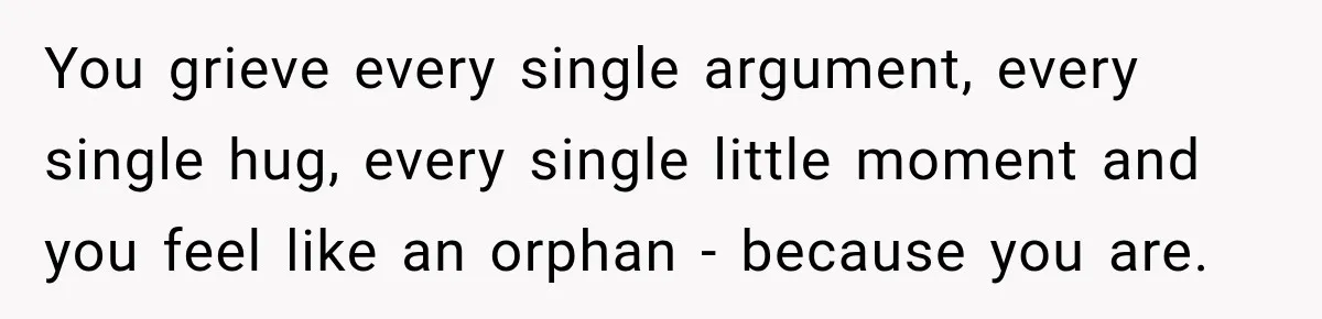 You grieve every single argument, every single hug, every single little moment and you feel like an orphan - because you are.