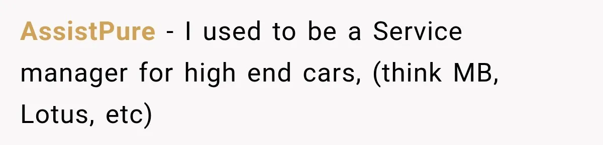 AssistPure − I used to be a Service manager for high end cars, (think MB, Lotus, etc)