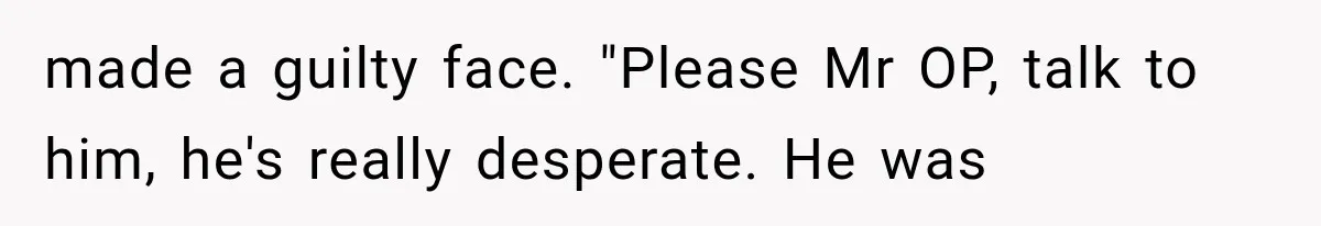 made a guilty face. "Please Mr OP, talk to him, he's really desperate. He was