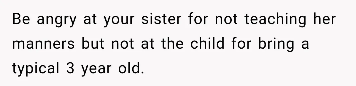 Son Looks Forward to a Special Dinner With His Parents, Then Finds Out His Sister and Kids Were Invited Too Be angry at your sister for not teaching her manners but not at the child for bring a typical 3 year old.