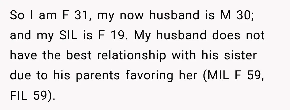 So I am F 31, my now husband is M 30; and my SIL is F 19. My husband does not have the best relationship with his sister due to...
