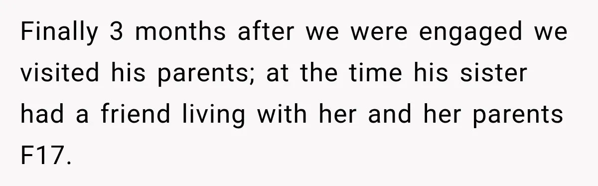 Finally 3 months after we were engaged we visited his parents; at the time his sister had a friend living with her and her parents F17.