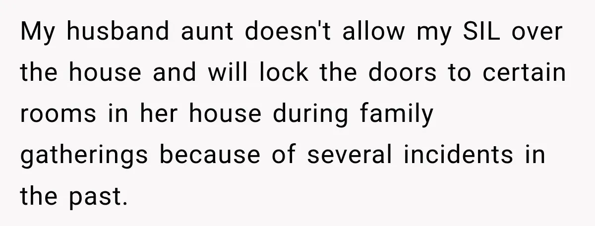 My husband aunt doesn't allow my SIL over the house and will lock the doors to certain rooms in her house during family gatherings because of several incidents in the...