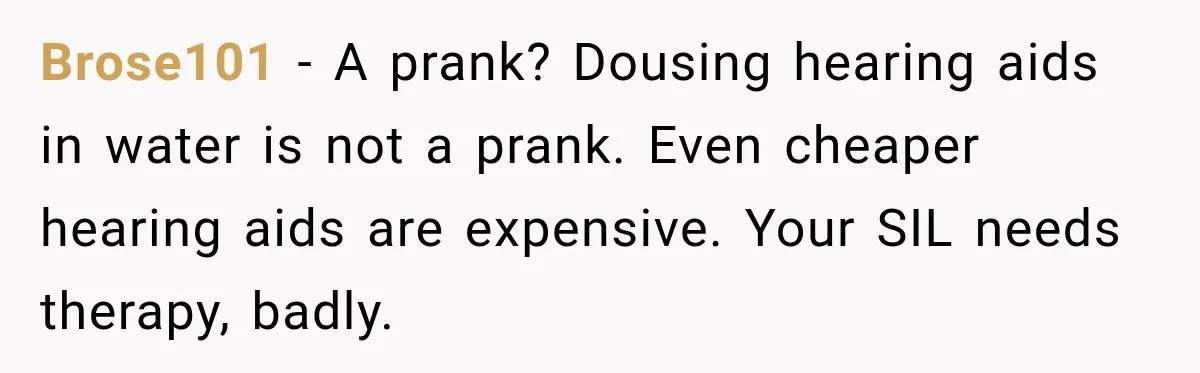 Brose101 − A prank? Dousing hearing aids in water is not a prank. Even cheaper hearing aids are expensive. Your SIL needs therapy, badly.