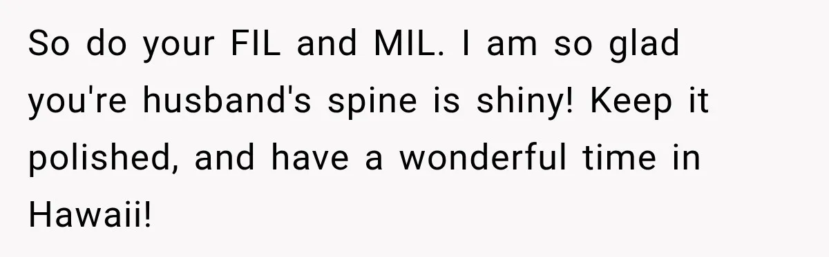 So do your FIL and MIL. I am so glad you're husband's spine is shiny! Keep it polished, and have a wonderful time in Hawaii!