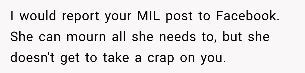 I would report your MIL post to Facebook. She can mourn all she needs to, but she doesn't get to take a crap on you.