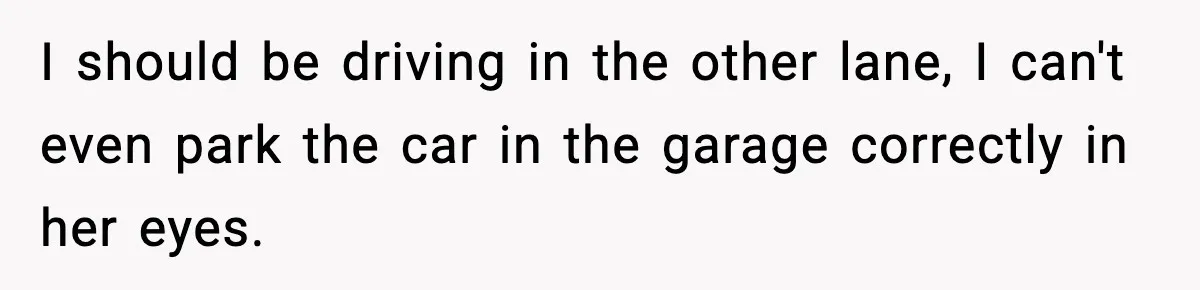 I should be driving in the other lane, I can't even park the car in the garage correctly in her eyes.