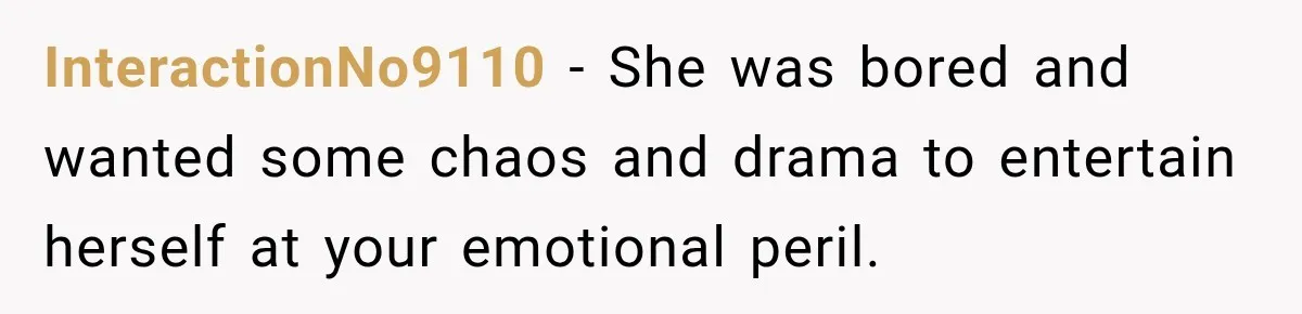 InteractionNo9110 − She was bored and wanted some chaos and drama to entertain herself at your emotional peril.