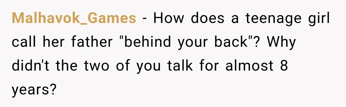 Malhavok_Games − How does a teenage girl call her father "behind your back"? Why didn't the two of you talk for almost 8 years?