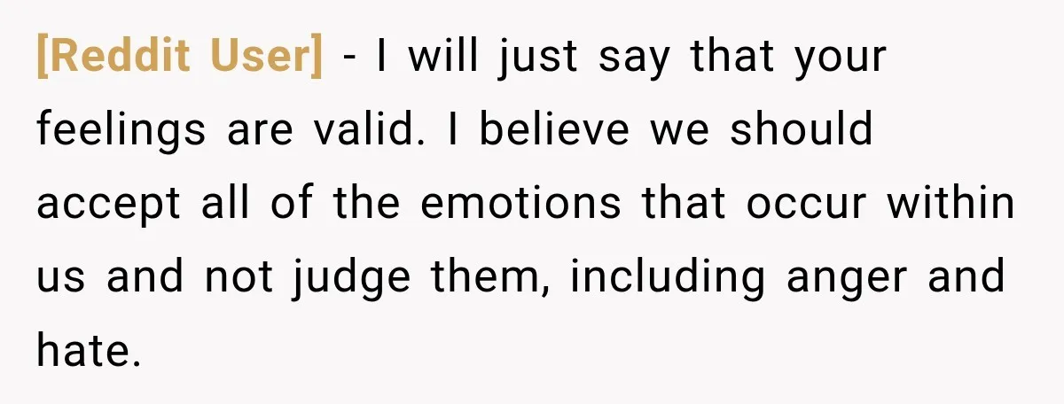 [Reddit User] − I will just say that your feelings are valid. I believe we should accept all of the emotions that occur within us and not judge them, including...
