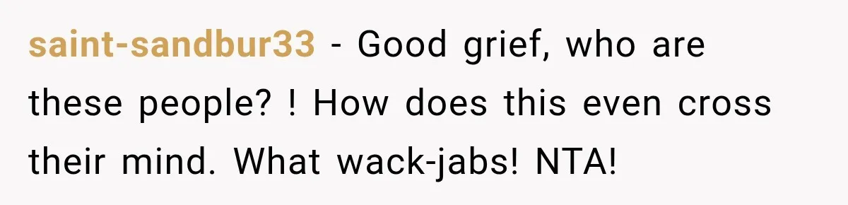 saint-sandbur33 − Good grief, who are these people? ! How does this even cross their mind. What wack-jabs! NTA!