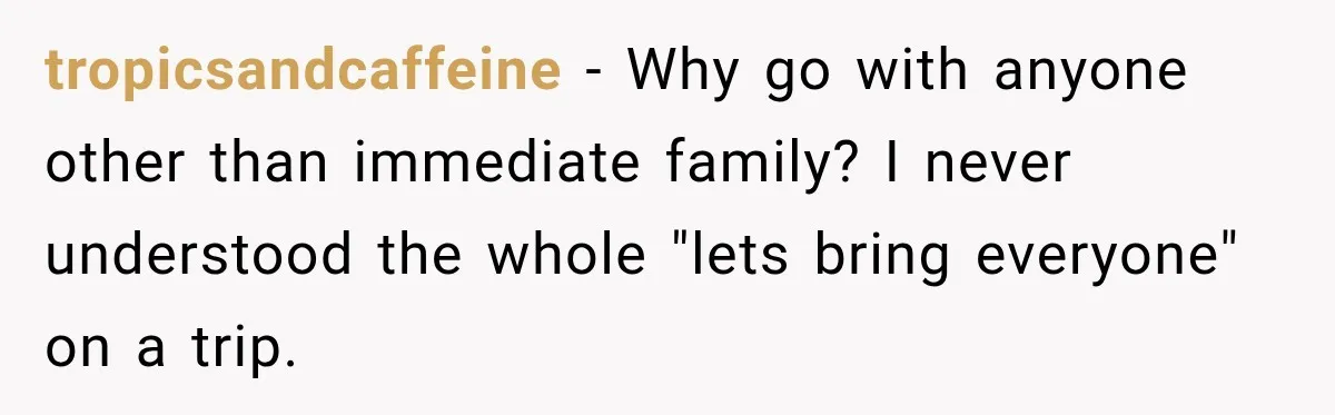 tropicsandcaffeine − Why go with anyone other than immediate family? I never understood the whole "lets bring everyone" on a trip.
