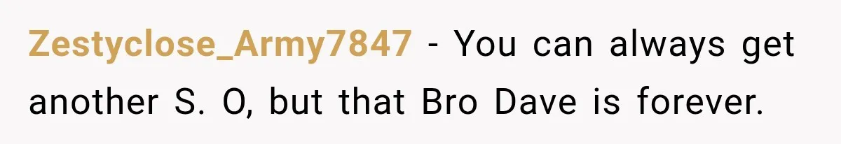 Zestyclose_Army7847 − You can always get another S. O, but that Bro Dave is forever.