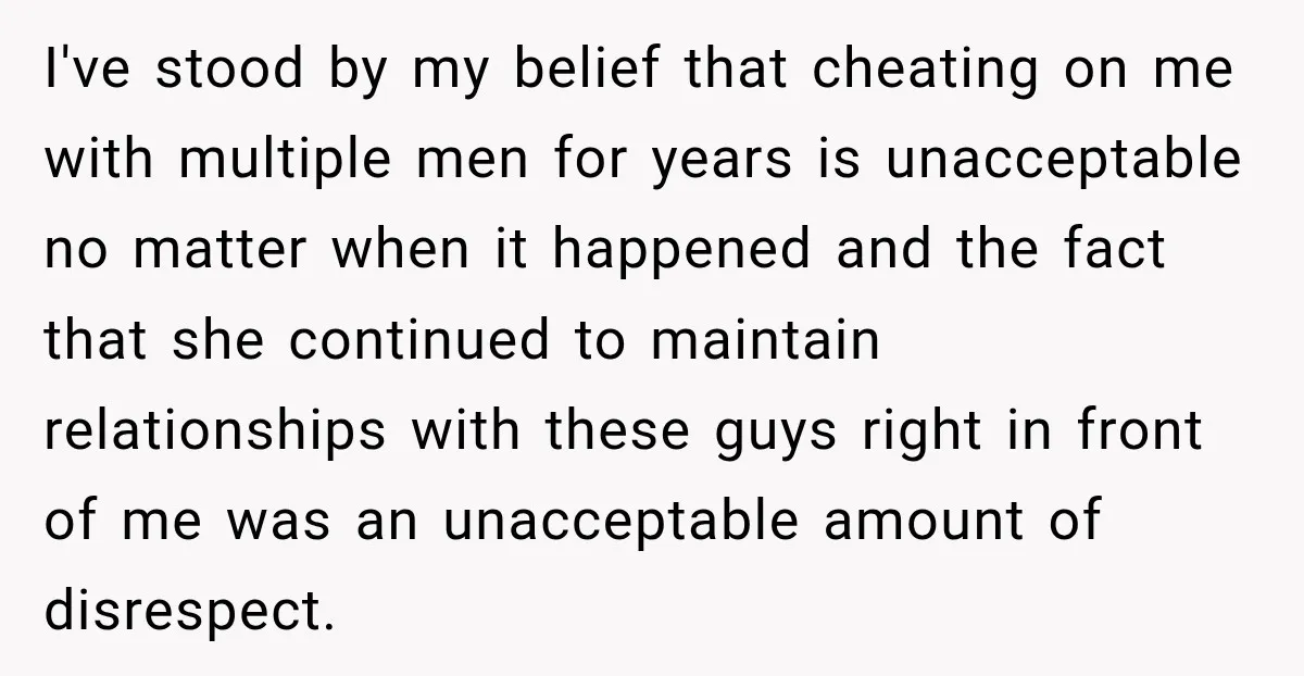 I've stood by my belief that cheating on me with multiple men for years is unacceptable no matter when it happened and the fact that she continued to maintain relationships...