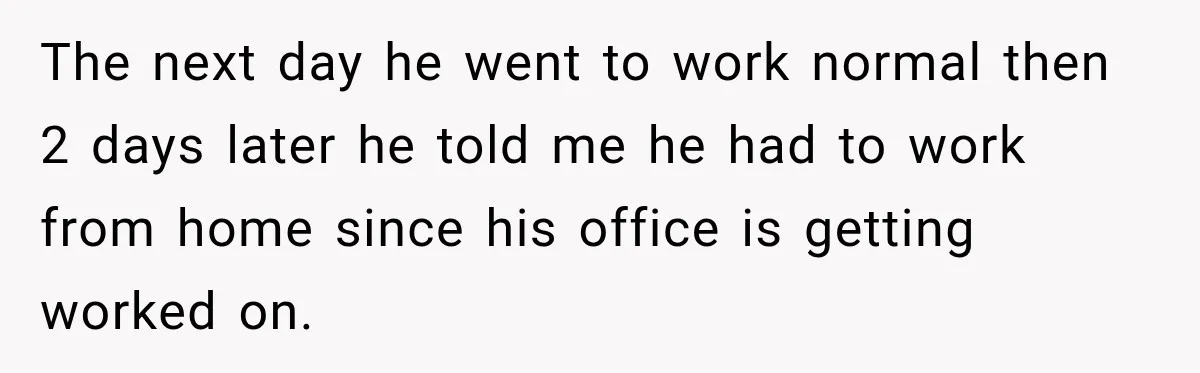 Husband Makes Their Nanny Quit After Repeatedly Crossing Boundaries She Clearly Set The next day he went to work normal then 2 days later he told me he had to work from home since his office is getting worked on.