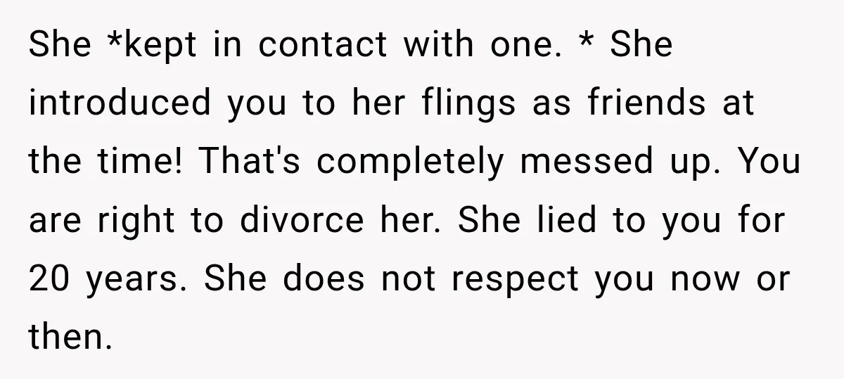 She *kept in contact with one. * She introduced you to her flings as friends at the time! That's completely messed up. You are right to divorce her. She lied...