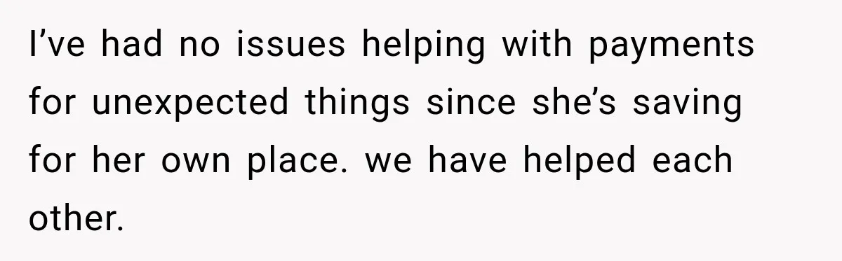 Husband Makes Their Nanny Quit After Repeatedly Crossing Boundaries She Clearly Set I’ve had no issues helping with payments for unexpected things since she’s saving for her own place. we have helped each other.