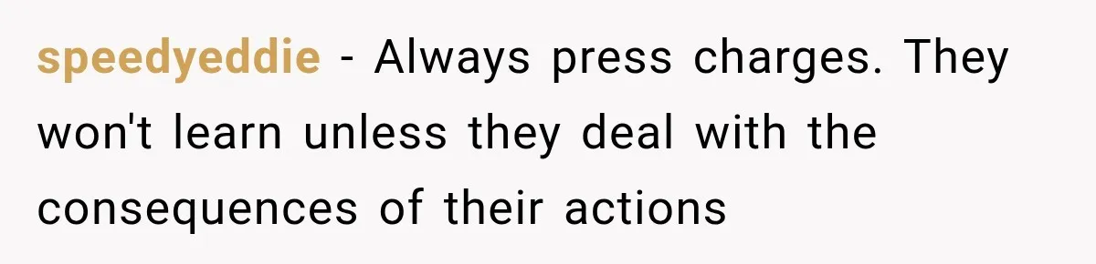 speedyeddie − Always press charges. They won't learn unless they deal with the consequences of their actions