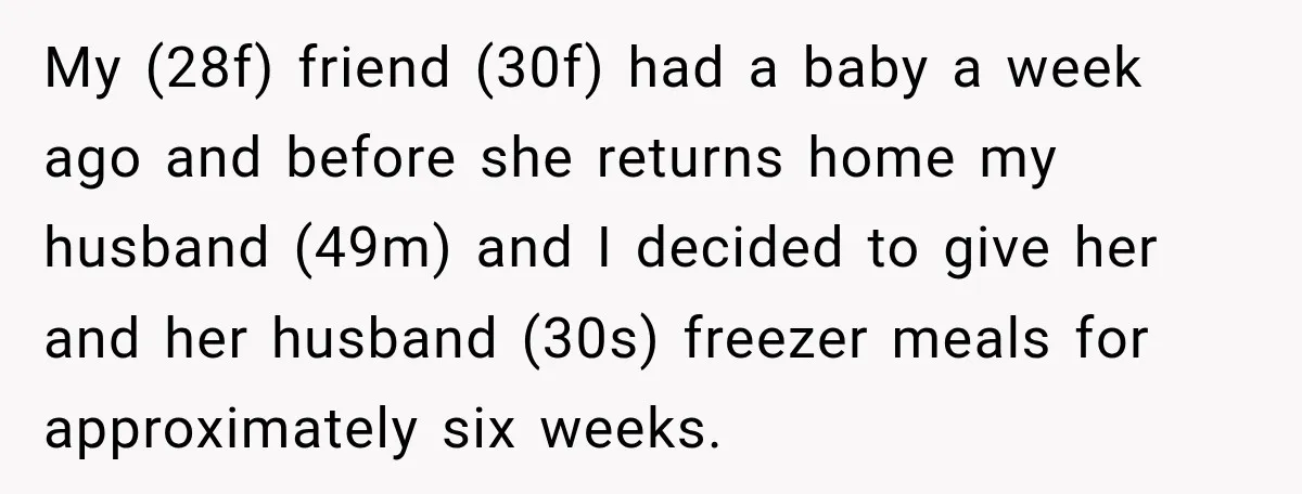 Couple Spends Days Preparing Meals For Friends, Then Gets Criticized For Being “Too Involved” My (28f) friend (30f) had a baby a week ago and before she returns home my husband (49m) and I decided to give her and her husband (30s) freezer meals...