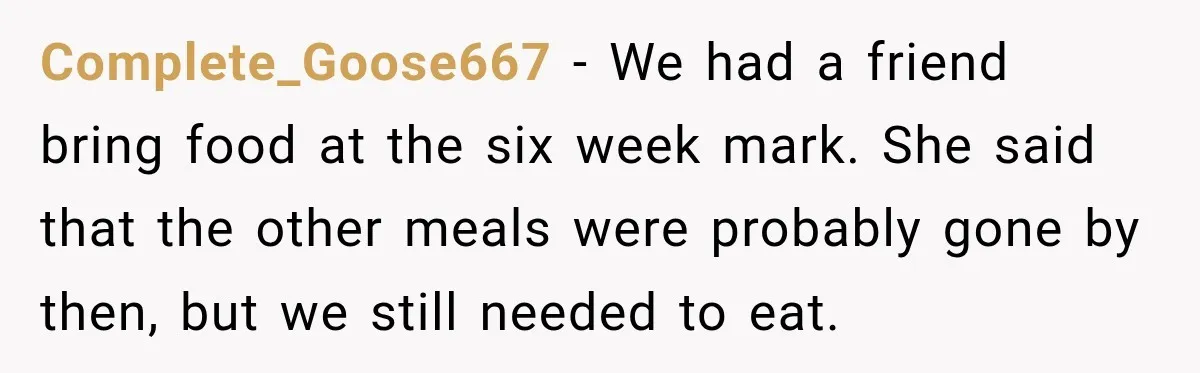 Couple Spends Days Preparing Meals For Friends, Then Gets Criticized For Being “Too Involved” Complete_Goose667 − We had a friend bring food at the six week mark. She said that the other meals were probably gone by then, but we still needed to eat.
