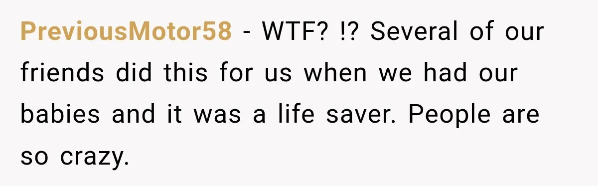 Couple Spends Days Preparing Meals For Friends, Then Gets Criticized For Being “Too Involved” PreviousMotor58 − WTF? !? Several of our friends did this for us when we had our babies and it was a life saver. People are so crazy.