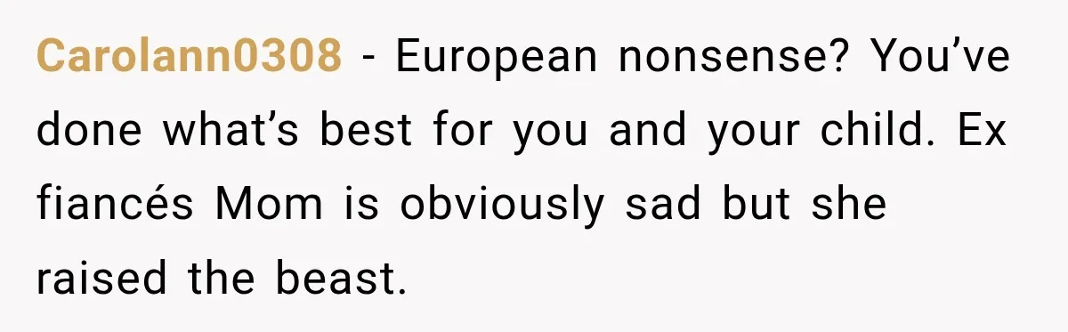 Carolann0308 − European nonsense? You’ve done what’s best for you and your child. Ex fiancés Mom is obviously sad but she raised the beast.