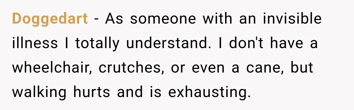 Doggedart − As someone with an invisible illness I totally understand. I don't have a wheelchair, crutches, or even a cane, but walking hurts and is exhausting.