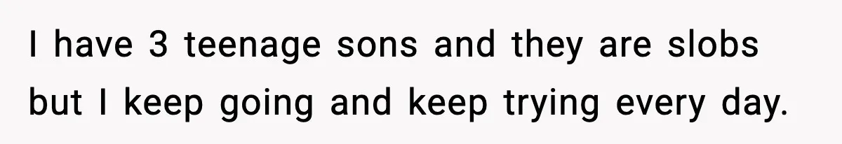 I have 3 teenage sons and they are slobs but I keep going and keep trying every day.