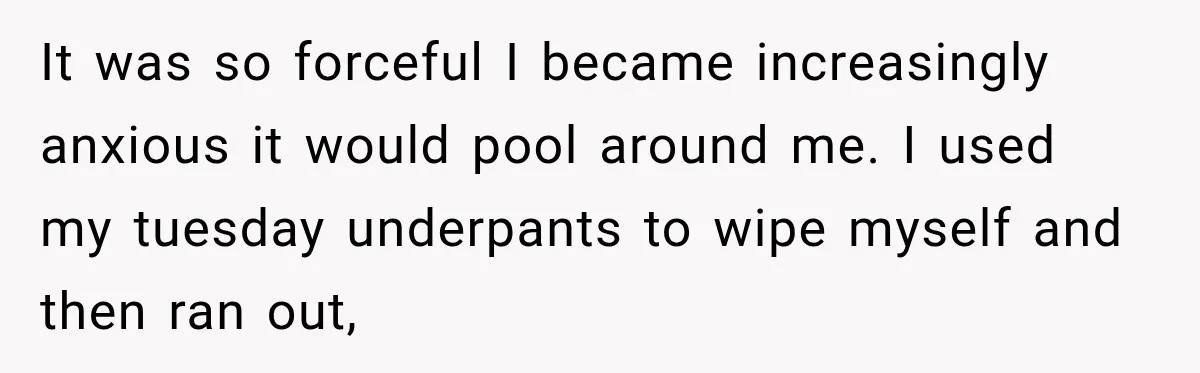 It was so forceful I became increasingly anxious it would pool around me. I used my tuesday underpants to wipe myself and then ran out,