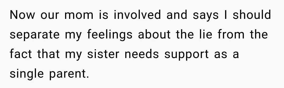 Now our mom is involved and says I should separate my feelings about the lie from the fact that my sister needs support as a single parent.