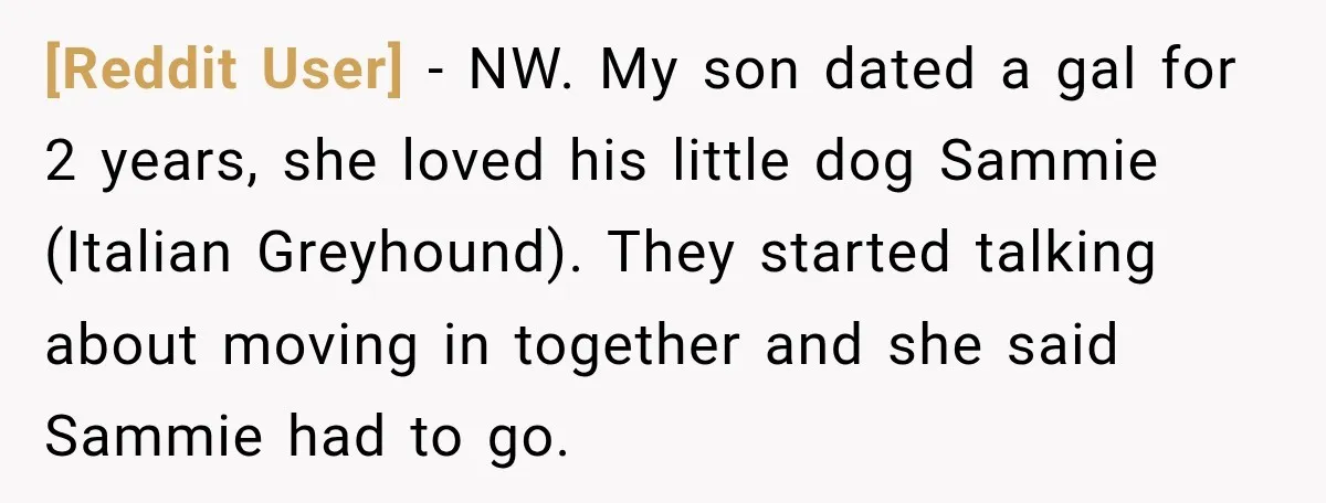 [Reddit User] − NW. My son dated a gal for 2 years, she loved his little dog Sammie (Italian Greyhound). They started talking about moving in together and she said...