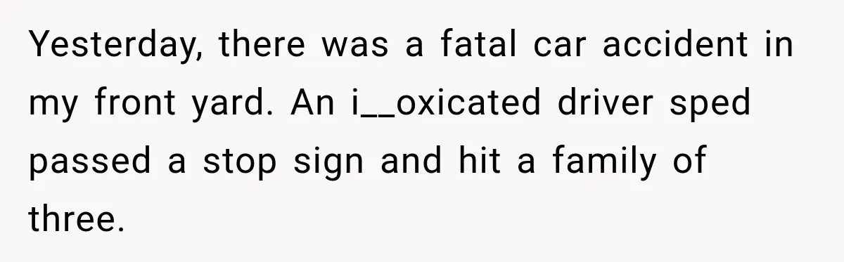 Yesterday, there was a fatal car accident in my front yard. An i__oxicated driver sped passed a stop sign and hit a family of three.