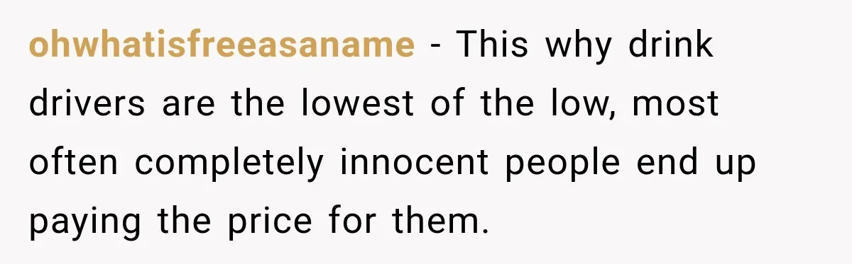 ohwhatisfreeasaname − This why drink drivers are the lowest of the low, most often completely innocent people end up paying the price for them.