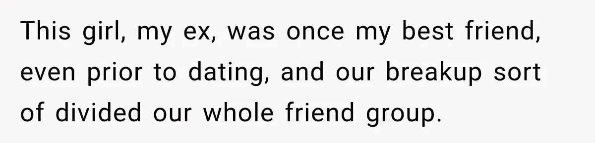 This girl, my ex, was once my best friend, even prior to dating, and our breakup sort of divided our whole friend group.