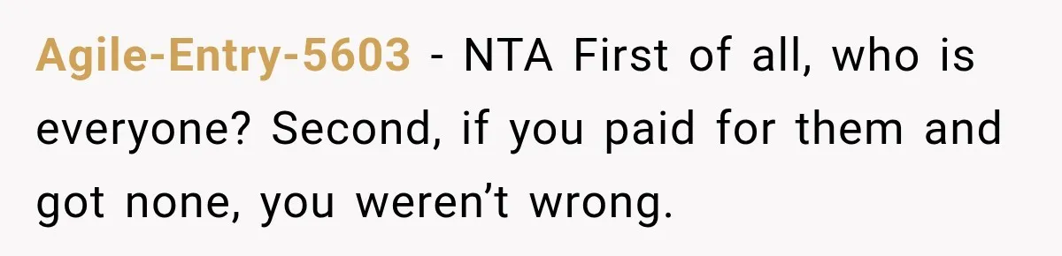 Agile-Entry-5603 − NTA First of all, who is everyone? Second, if you paid for them and got none, you weren’t wrong.