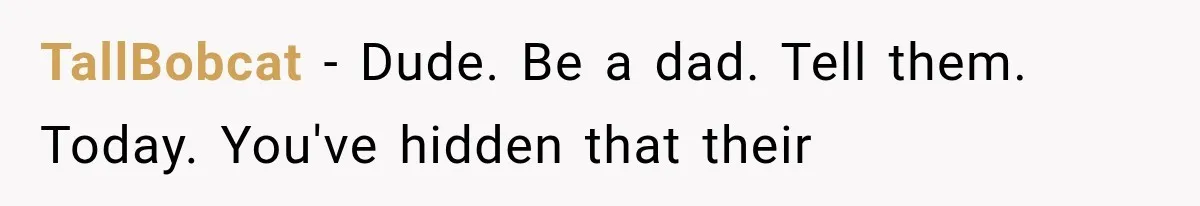 Divorced Dad Found His Ex After a Strange Text, Then Faced Telling Their Sons the Unthinkable TallBobcat − Dude. Be a dad. Tell them. Today. You've hidden that their