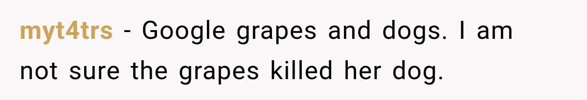 myt4trs − Google grapes and dogs. I am not sure the grapes killed her dog.