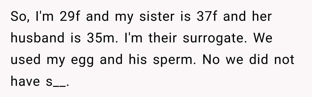 So, I'm 29f and my sister is 37f and her husband is 35m. I'm their surrogate. We used my egg and his sperm. No we did not have s__.