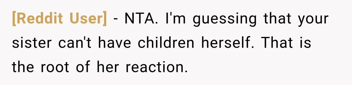 [Reddit User] − NTA. I'm guessing that your sister can't have children herself. That is the root of her reaction.