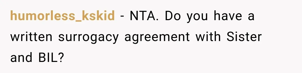 humorless_kskid − NTA. Do you have a written surrogacy agreement with Sister and BIL?