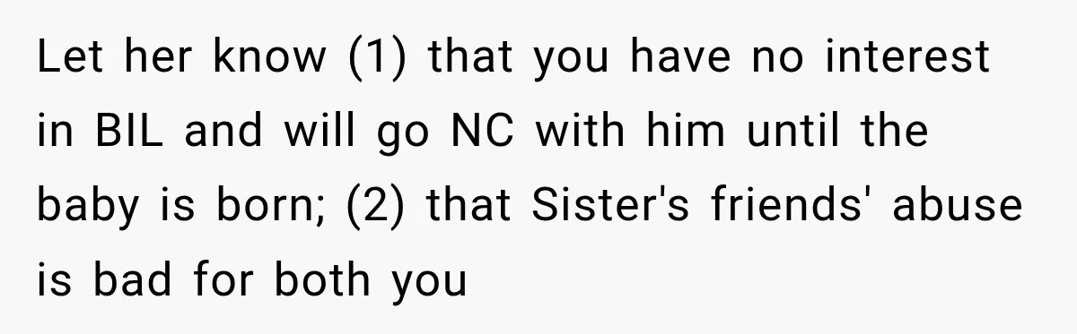 Let her know (1) that you have no interest in BIL and will go NC with him until the baby is born; (2) that Sister's friends' abuse is bad for...