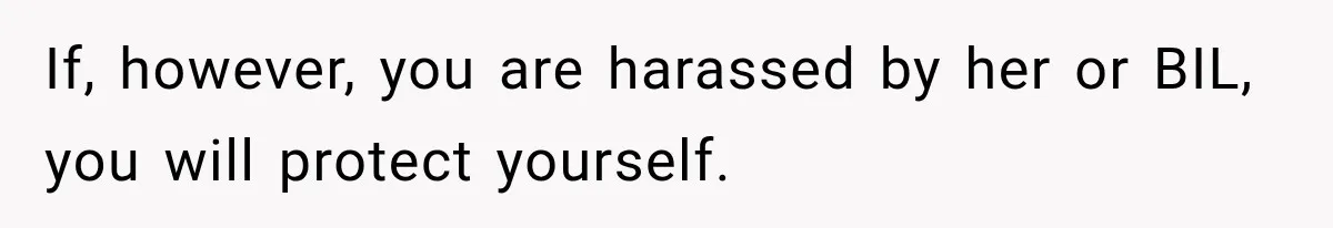 If, however, you are harassed by her or BIL, you will protect yourself.