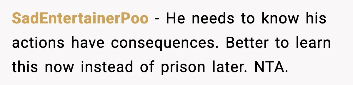 SadEntertainerPoo − He needs to know his actions have consequences. Better to learn this now instead of prison later. NTA.