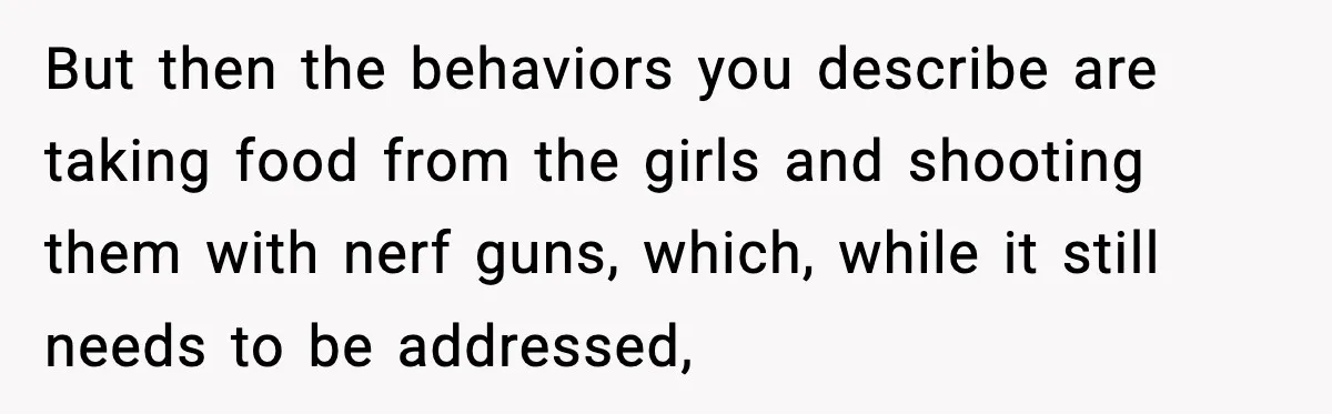 But then the behaviors you describe are taking food from the girls and shooting them with nerf guns, which, while it still needs to be addressed,