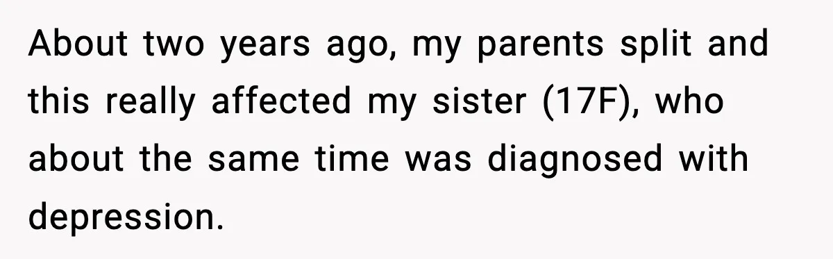 Sister Takes Away Her Depression Dog After Finding It Severely Overweight and Neglected About two years ago, my parents split and this really affected my sister (17F), who about the same time was diagnosed with depression.