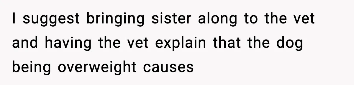 Sister Takes Away Her Depression Dog After Finding It Severely Overweight and Neglected I suggest bringing sister along to the vet and having the vet explain that the dog being overweight causes