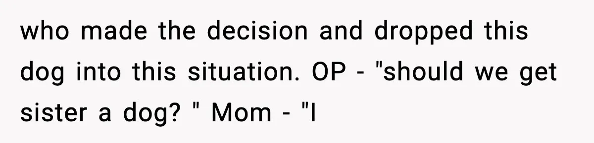 Sister Takes Away Her Depression Dog After Finding It Severely Overweight and Neglected who made the decision and dropped this dog into this situation. OP - "should we get sister a dog? " Mom - "I