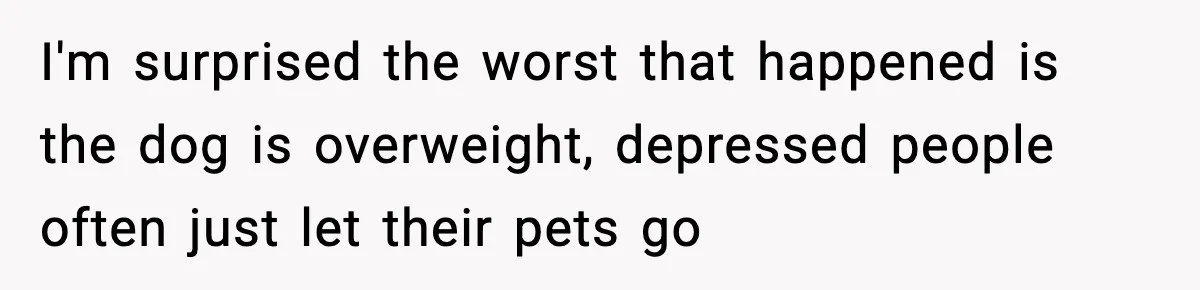 Sister Takes Away Her Depression Dog After Finding It Severely Overweight and Neglected I'm surprised the worst that happened is the dog is overweight, depressed people often just let their pets go