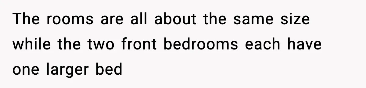The rooms are all about the same size while the two front bedrooms each have one larger bed