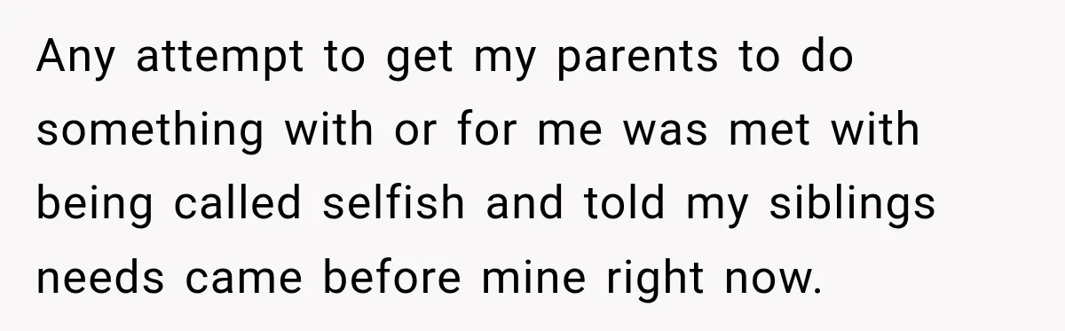 Bride Repeats Her Parents’ Favorite Excuse, Then Uninvites Them From Her Wedding Any attempt to get my parents to do something with or for me was met with being called selfish and told my siblings needs came before mine right now.
